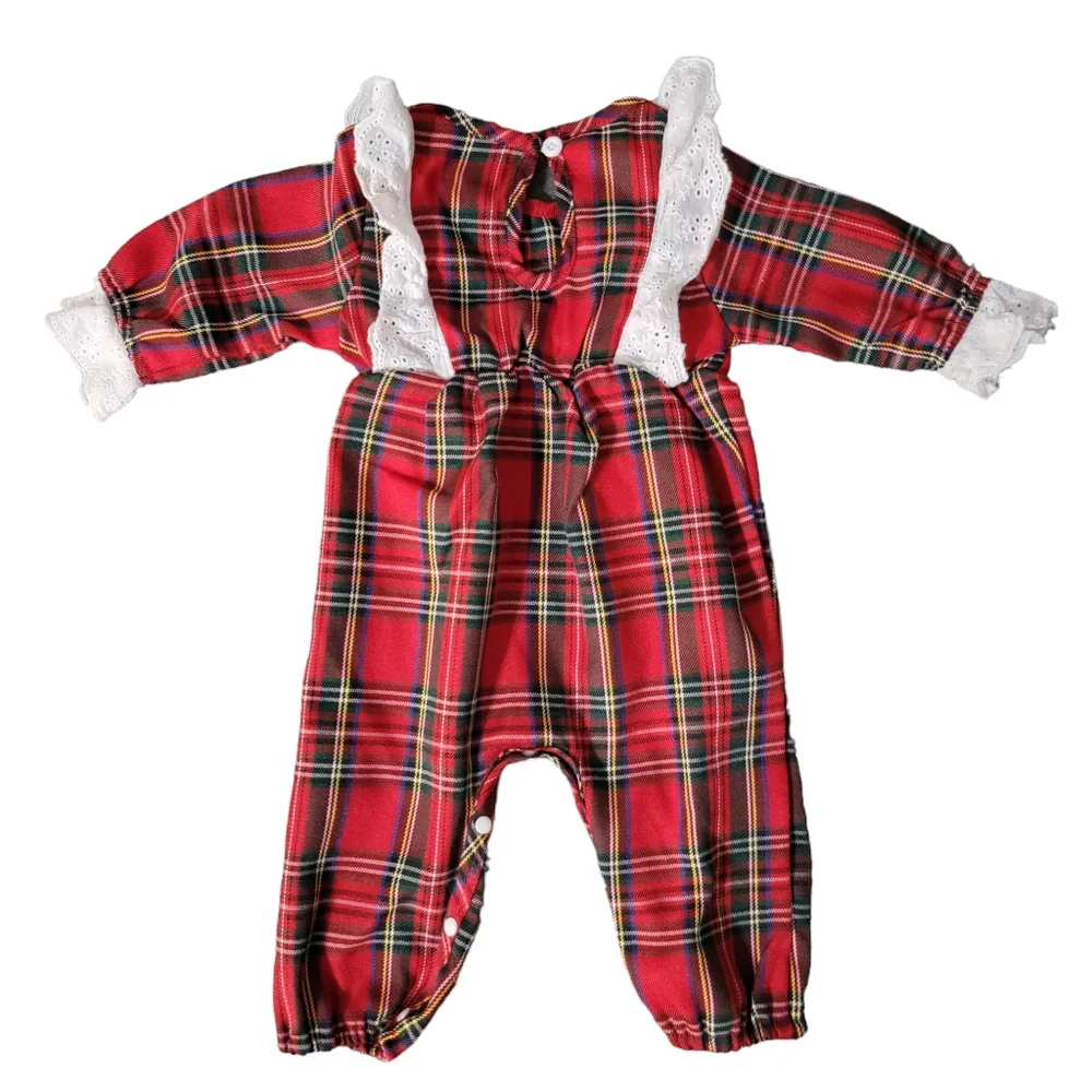 Hibobi baby red Plaid romper one piece with Ruffles size 3 to 6 months Christmas